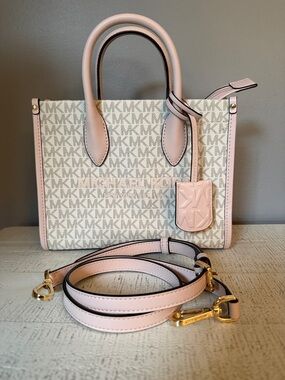 NWOT Michael Kors Pink and Cream Logo Satchel with Detachable Strap
